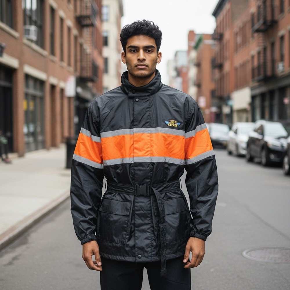 J&P Cycles Mens Large Black Orange Jacket Motorcycle Reflective Outerwear Biker